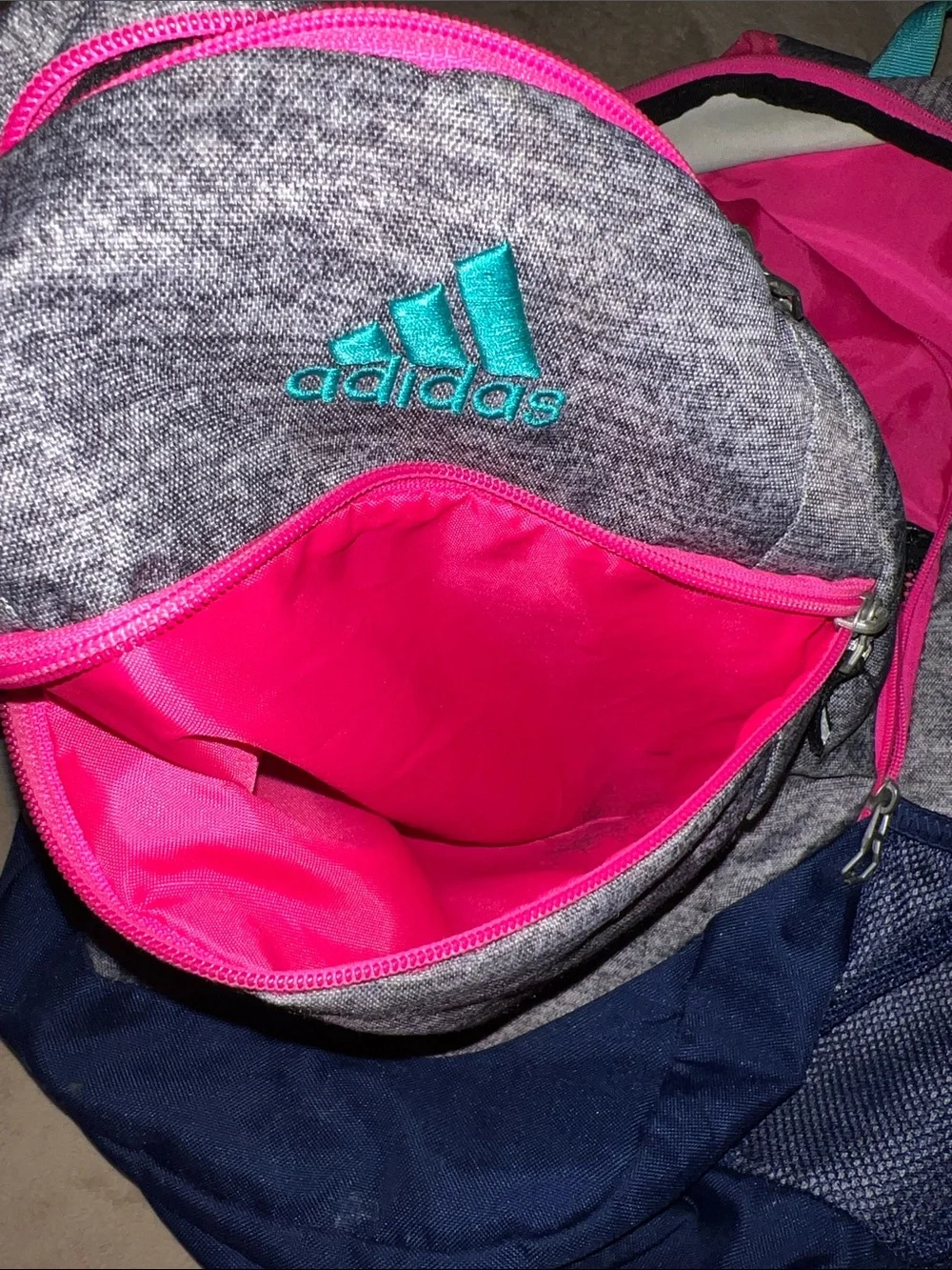 Adidas Gray School Backpack with Pink Zippers & Teal & Blue Accents